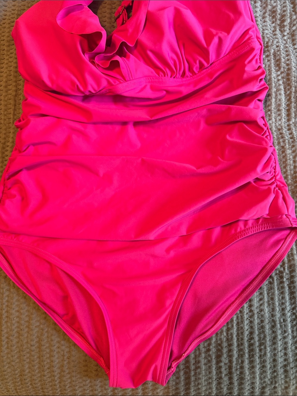 DKNY Hot Pink Ruffle Front One-Piece Swimsuit - Picture 4 of 6